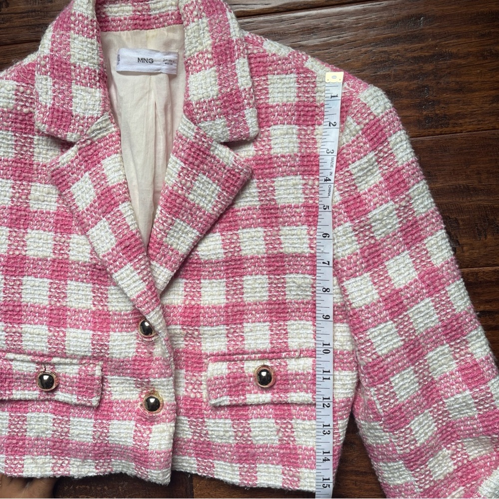MANGO Pink White Plaid Check Tweed Cropped Blazer Jacket. - Picture 15 of 16